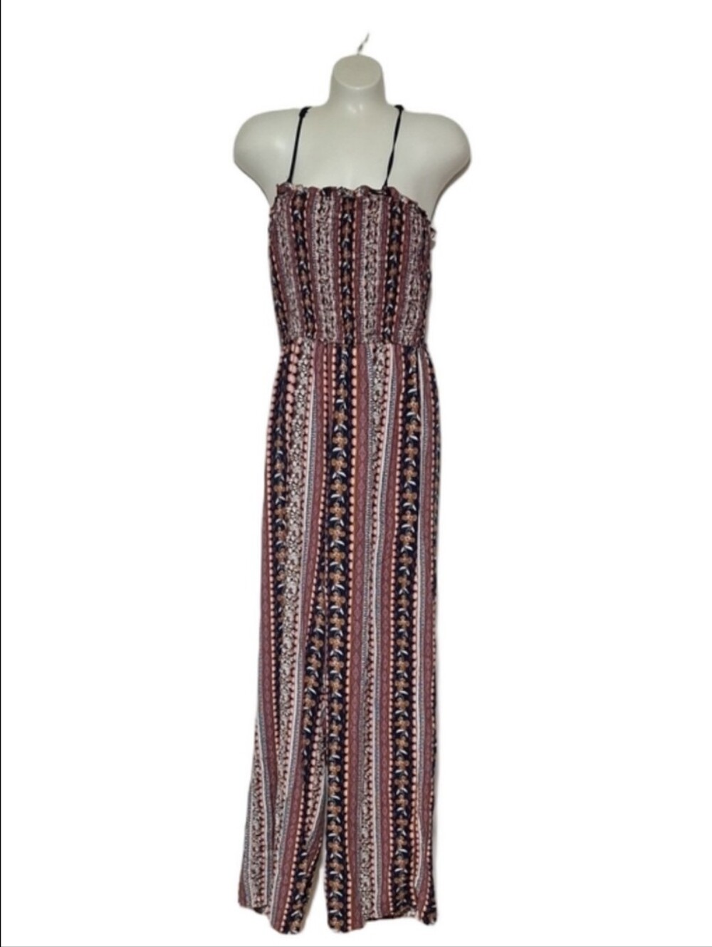 Band of Gypsies Navy and Rust Floral Smocked Jumpsuit